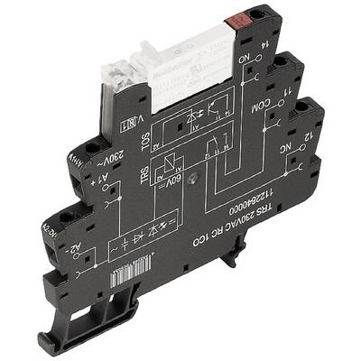 Un support de relais électronique noir avec des schémas de câblage et des étiquettes blancs pour la connexion et le contrôle d'appareils électriques.