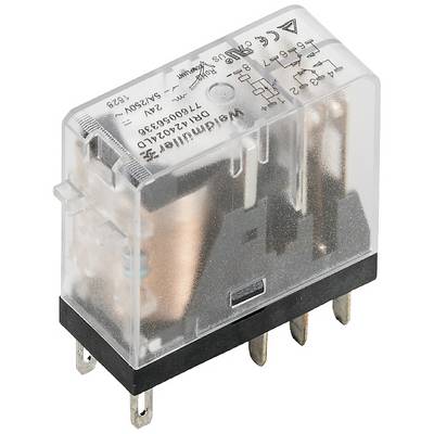 Un commutateur de relais électromécanique transparent avec des broches métalliques, typiquement utilisé pour contrôler des circuits électriques.