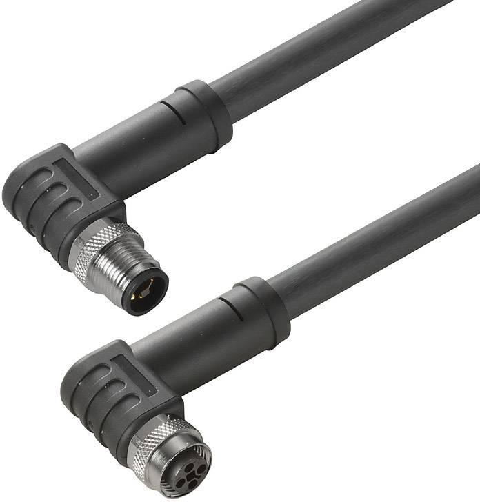 Deux câbles noirs en forme de L avec des connecteurs métalliques, l'un avec des broches internes et l'autre avec des trous pour les broches.