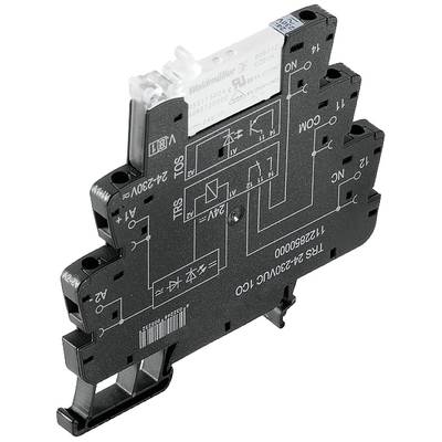 Module de relais avec capuchon transparent, marqué avec des positions ON/OFF. Contient des diagrammes et des spécifications électriques sur la surface noire.