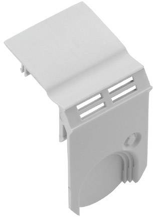 Pièce de plastique grise, rectangulaire, avec un bord incurvé et des fentes de ventilation, probablement un composant de boîtier.