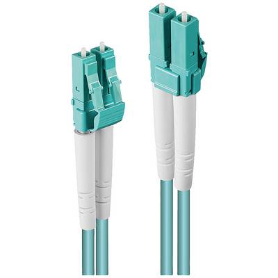 Deux connecteurs à fibre optique turquoise avec des câbles blancs, adaptés aux connexions de données à haute vitesse.