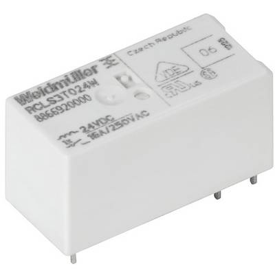 Relais Weidmüller, modèle RCL3T024, affiche des spécifications techniques, notamment 24 V DC et 16 A à 250 V AC, fabriqué en République tchèque.