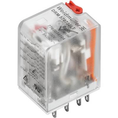 Un relais transparent de Weidmüller, modèle DRM570230LT. Il possède plusieurs broches métalliques et est conçu pour 5A/230V.