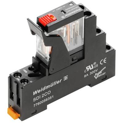 'Relais Weidmüller SDI 2CO, 8A, 300V, conforme RoHS, support noir avec interrupteur rouge, vue de côté.'
