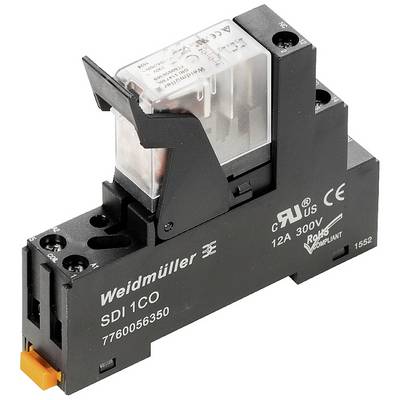 Relais Weidmüller SDI 1CO, 12A, 300V, avec boîtier transparent et bornes de connexion noires, adapté pour les circuits électriques.