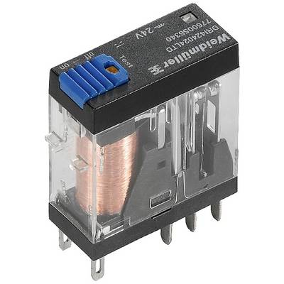 Un relais électromagnétique transparent avec une bobine en cuivre et des connexions enfichables, adapté aux applications dans les circuits électriques.