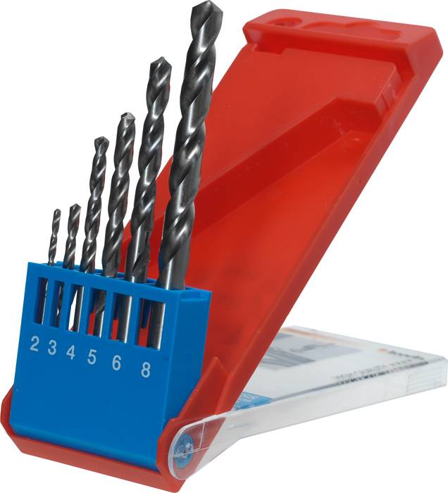 Un ensemble de sept forets métalliques de différentes tailles, soigneusement disposés dans un support bleu, avec des éléments rouges et transparents.
