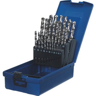 Un coffret bleu ouvert contenant un ensemble de forets métalliques de différentes tailles, alignés dans un support.