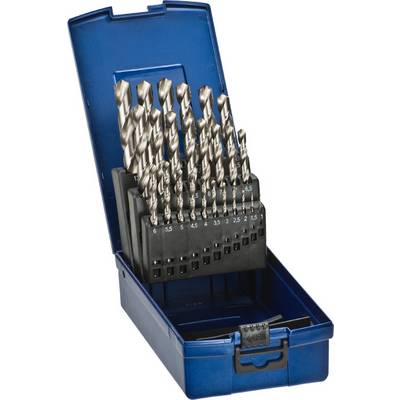 Un ensemble de forets dans un coffret bleu ouvert. Plusieurs forets de différentes tailles sont visibles, alignés en rangées.
