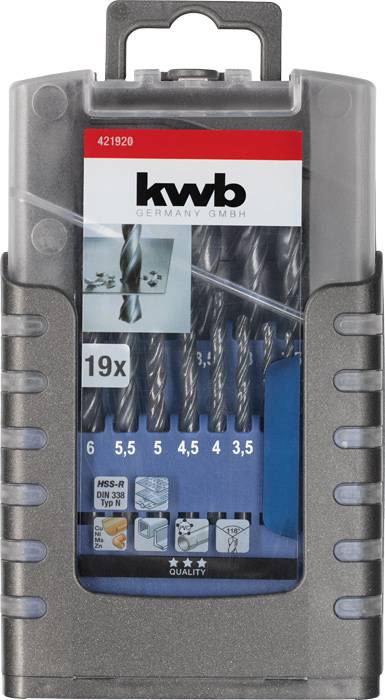 Un ensemble de forets de différentes tailles (3-6,5 mm) dans un emballage gris. En haut est inscrit « kwb GERMANY GMBH ».