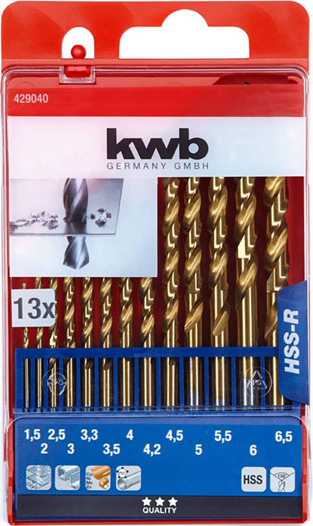 Boîte de 13 forets hélicoïdaux HSS de différentes tailles, de 1,5 à 6,5 mm. Marque 'kwb'.
