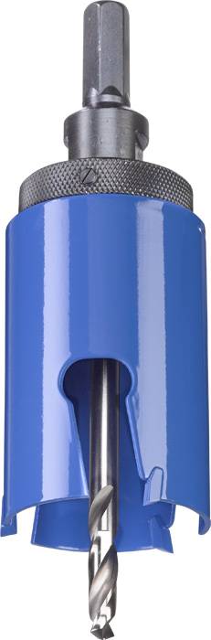 Un foret-scie circulaire bleu avec mèche intégrée, adapté pour percer de grands trous dans différents matériaux.