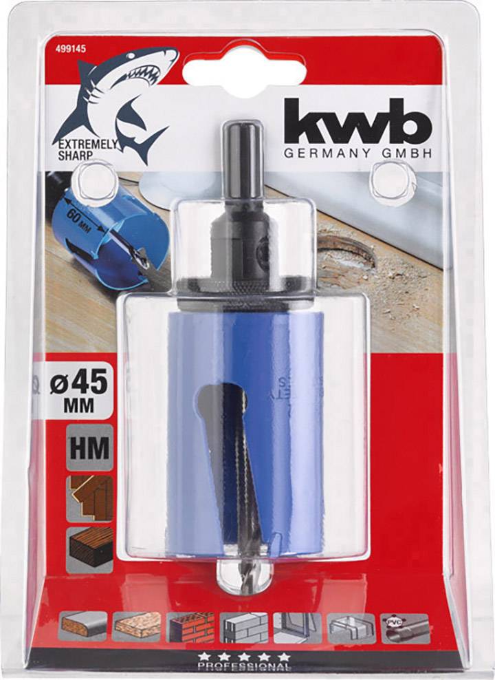 Trépan bleu de la marque kwb, emballé. Inscription : 'HM Profi'. Adapté pour le bois, le plastique et la maçonnerie. ø 45 mm.