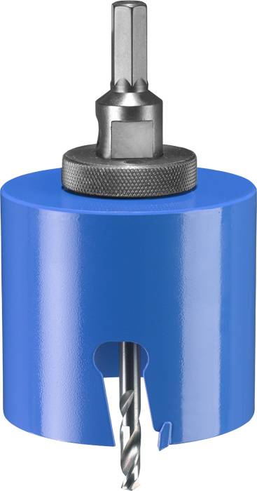 Mèche à trous bleue avec tige hexagonale argentée et couronne de forage, adaptée au perçage de grands trous dans différents matériaux.