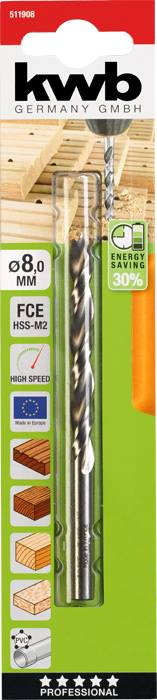 'kwb Germany GmbH' Foret d'emballage, diamètre de 8 mm, acier rapide, adapté pour le bois, économie d'énergie de 30%.