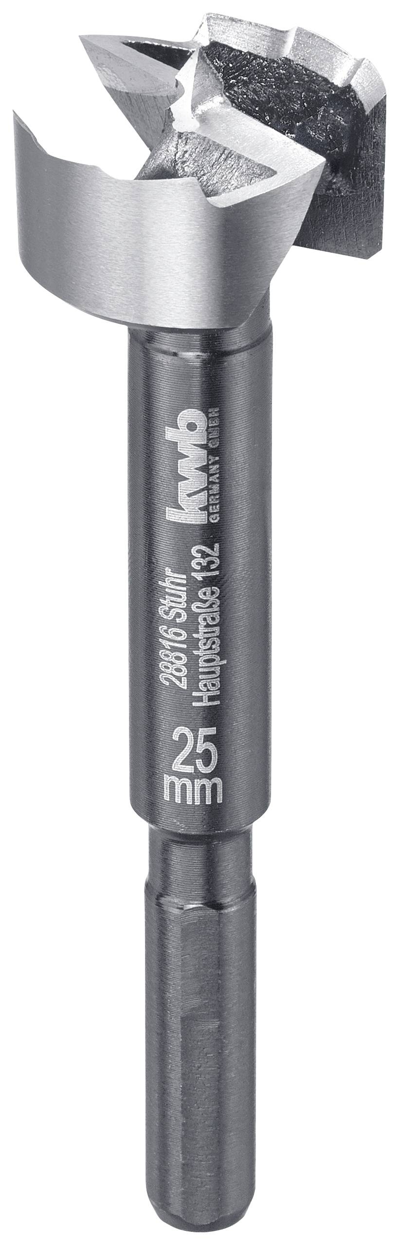 Un foret de type Forstner de 25 mm de diamètre en acier, adapté pour des perçages précis dans le bois, représenté avec sa tête de forage mise au point.