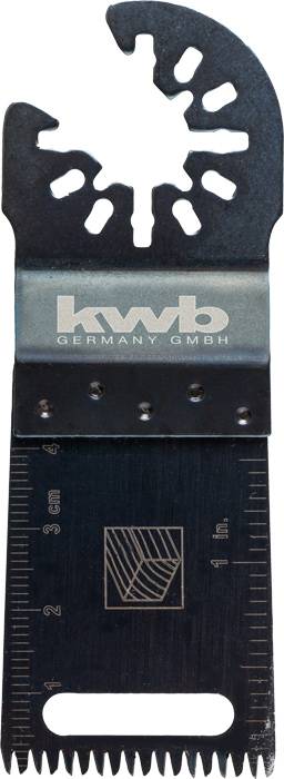 Lame de scie noire avec graduation en centimètres, de 1 à 4 cm. Biseau en haut. Marquage 'kwb GERMANY GMBH'.