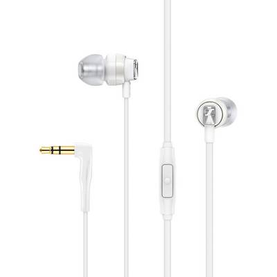 Écouteurs blancs intra-auriculaires avec câble, jack stéréo doré de 3,5 mm et bouton de commande intégré pour le réglage du volume ou le contrôle de la musique.