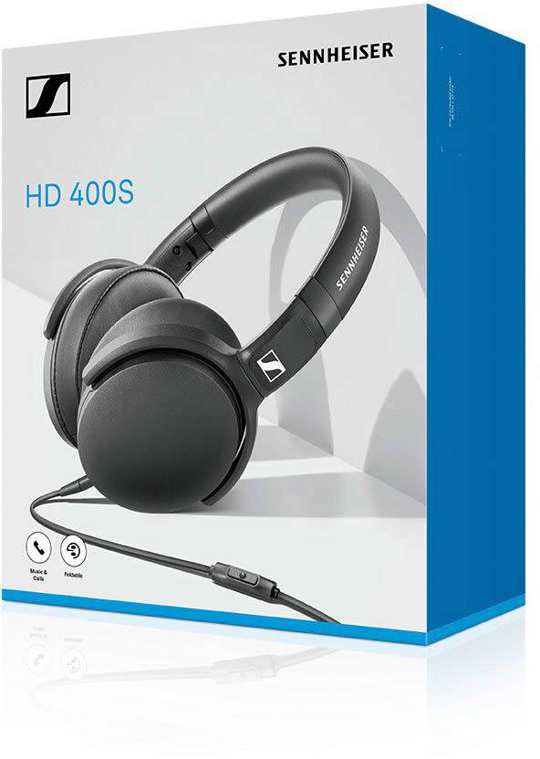 Boîte d'un casque Sennheiser HD 400S. Noir, design over-ear avec câble et microphone intégré.