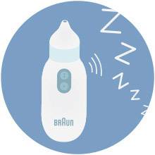 Un thermomètre pour bébé avec affichage numérique, indique une mesure de température. Il émet un signal sonore, représenté par 'Zzz'.