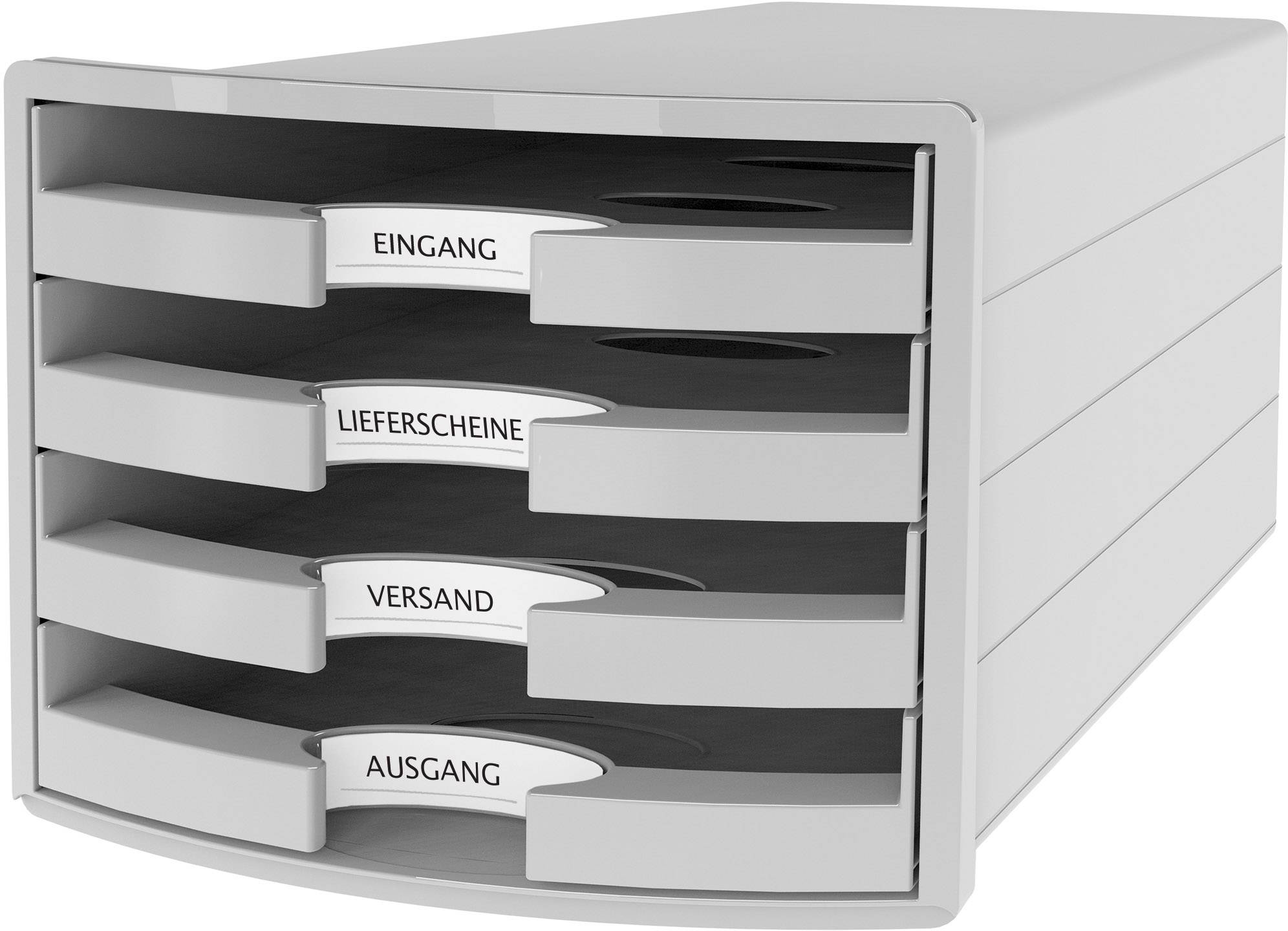 Casier quadruple en plastique avec tiroirs étiquetés 'Entrée', 'Bons de livraison', 'Expédition' et 'Sortie', pour l'organisation de bureau.