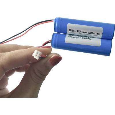 Une main tient deux batteries lithium-ion 18650, marquées '18650 lithium batteries' et 'Capacity: 1500mAh', sur une prise.