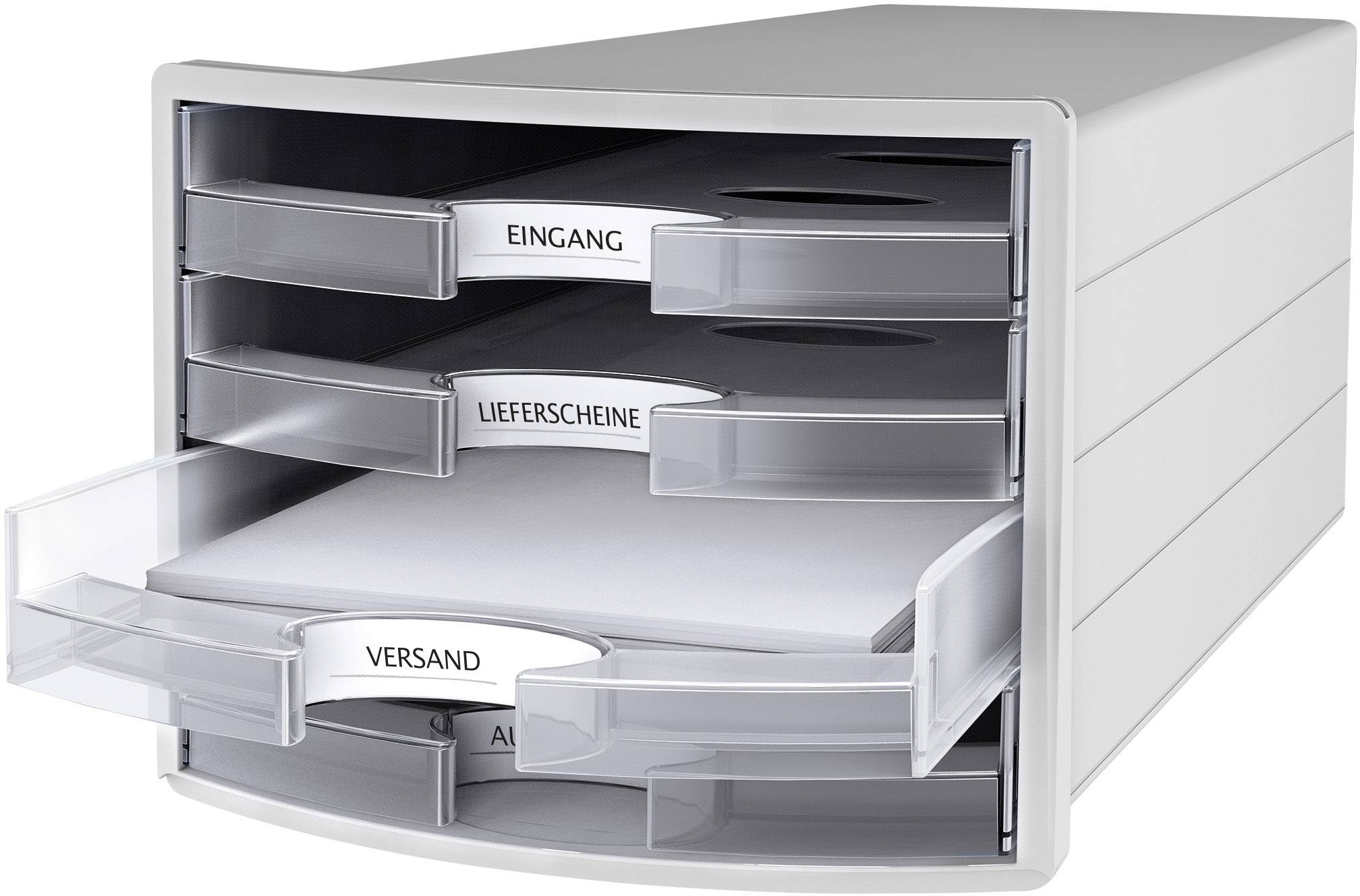 Un organisateur de tiroirs blanc avec quatre tiroirs transparents, étiquetés 'Entrée', 'Bons de livraison', 'Expédition', 'Sortie'.