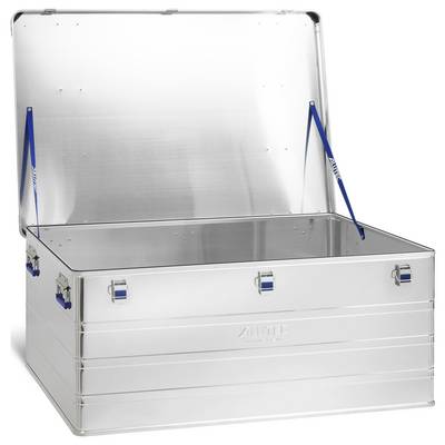 Une boîte de rangement ouverte en aluminium avec des poignées bleues et des renforts sur les couvercles et les coins, conçue pour des solutions de stockage sécurisées et durables.