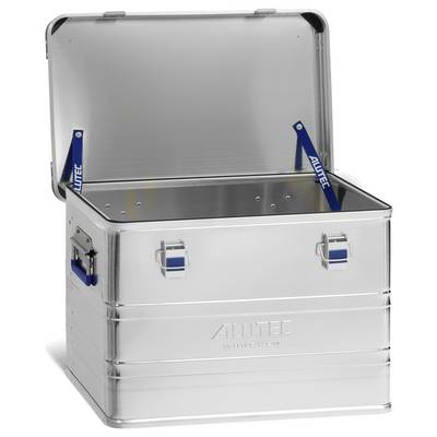 Une boîte en aluminium argentée ouverte avec le logo 'ALUTEC', des poignées latérales et des fermetures bleues, idéale pour le transport et le stockage.