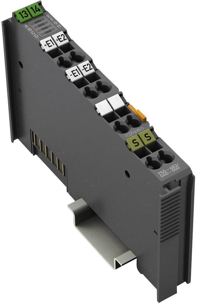 'Module industriel avec plusieurs bornes de connexion et étiquettes E1, E2, S ainsi que les numéros 13, 14, monté sur support métallique.'