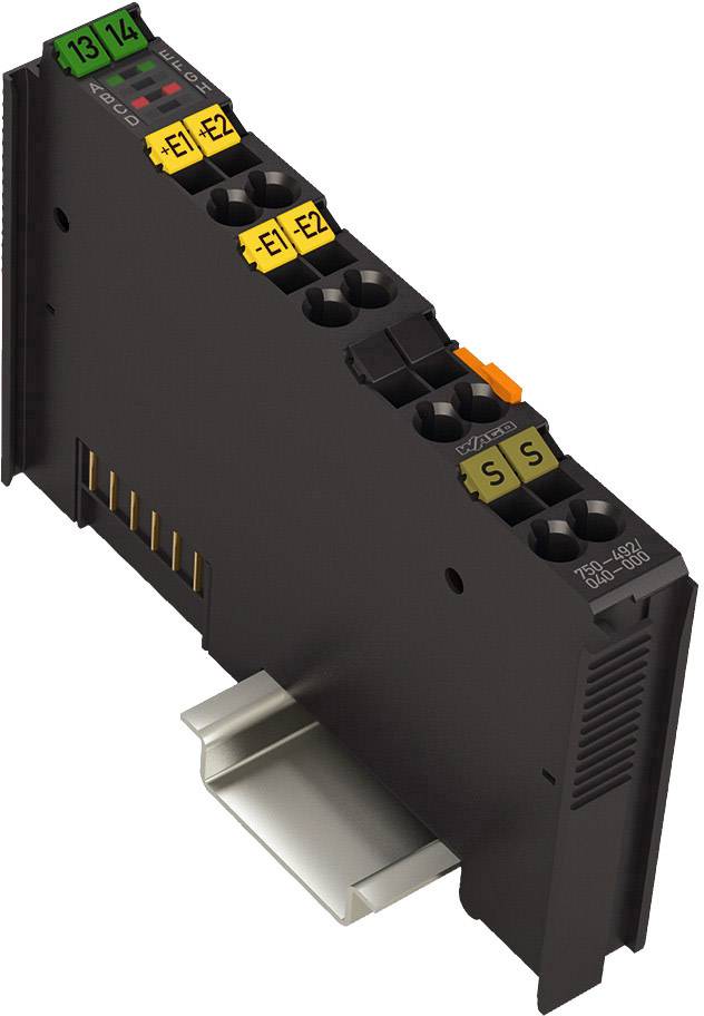 Module électronique multiemplacement avec bornes de connexion codées par couleur et indicateurs de statut, monté sur un rail DIN.