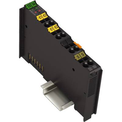 Module électronique multiemplacement avec bornes de connexion codées par couleur et indicateurs de statut, monté sur un rail DIN.