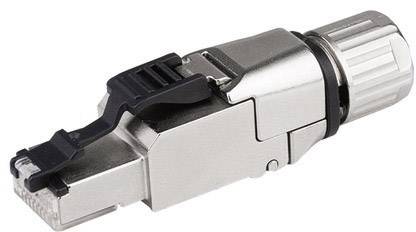 Connecteur RJ45 enfichable avec boîtier métallique et levier noir, utilisé pour les connexions réseau dans les installations de câbles Ethernet.