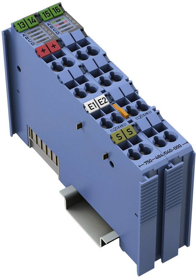 Un module électronique bleu avec plusieurs connexions, portant les étiquettes 'E1', 'E2' et 'S' sur sa surface supérieure. Il possède un connecteur gris en bas.