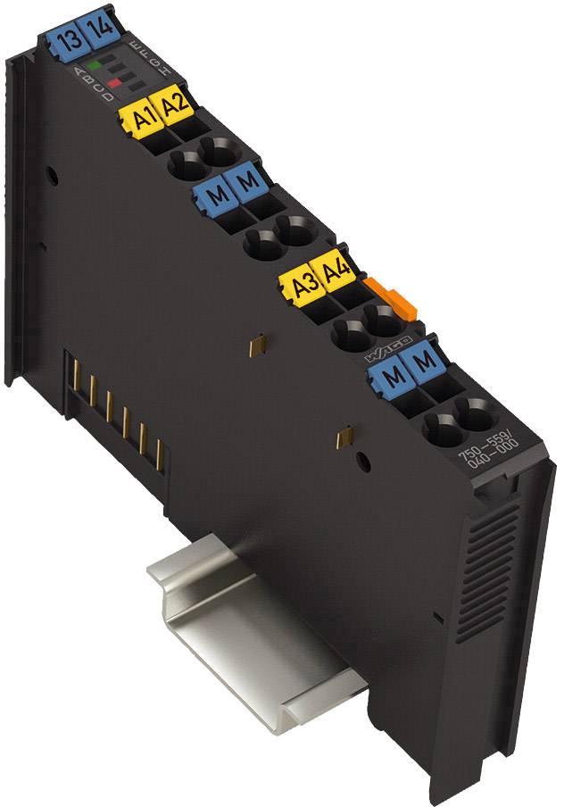 Module électronique avec plusieurs connexions et étiquettes de couleur pour l'identification des ports, monté sur rail DIN.