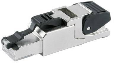 'Connecteur RJ45, métallique avec clip noir, adapté pour les connexions réseau.'