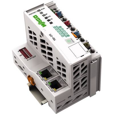Contrôleur industriel de WAGO avec différentes connexions et voyants lumineux. Conçu pour le contrôle et la surveillance des systèmes électriques.