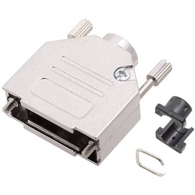 Adaptateur métallique avec des fermetures à vis, ouvert, montrant sa face intérieure. Contient un composant en plastique noir et un attache métallique.