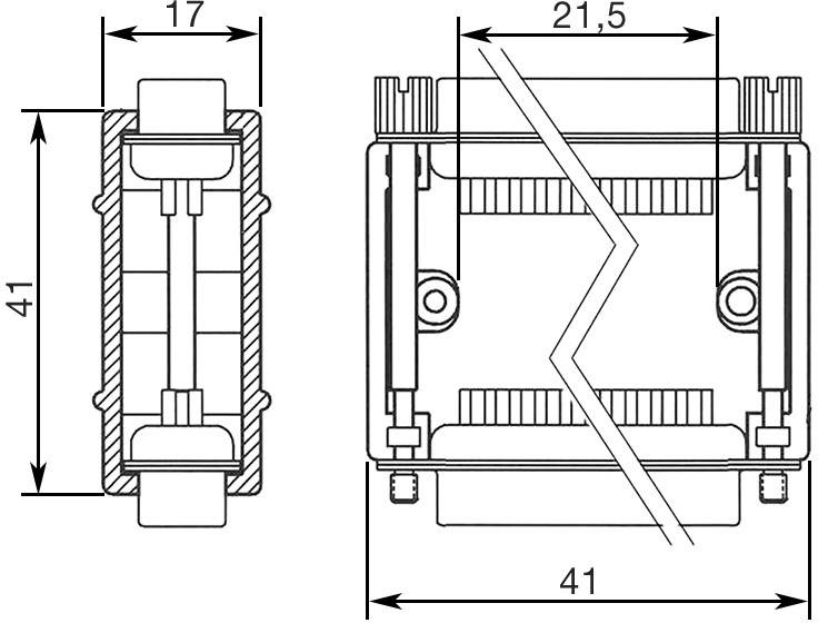 Dessin technique d'un boîtier rectangulaire avec indications dimensionnelles : 41 mm sur 21,5 mm. Présente une coupe transversale et une vue de dessus.