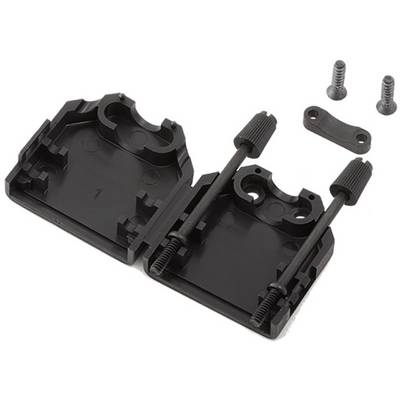 Support en plastique noir avec deux vis et petites pièces supplémentaires, probablement un élément d'un kit de montage pour appareils électroniques.