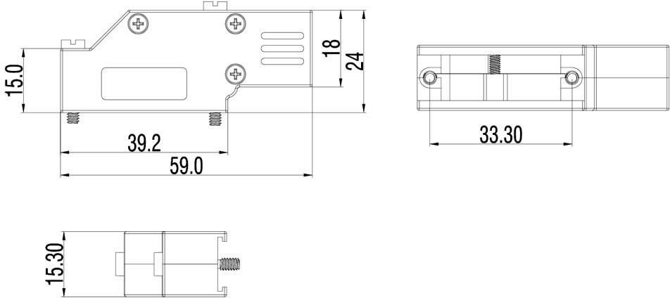 Dessin technique d'un composant avec dimensions : Longueur 59,0 mm, Hauteur 24 mm, différentes vues et mesures.