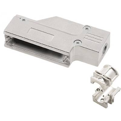 Boîtier métallique pour connecteurs industriels, de forme rectangulaire, avec des fermetures à vis. Un élément de fixation est situé à côté à droite.