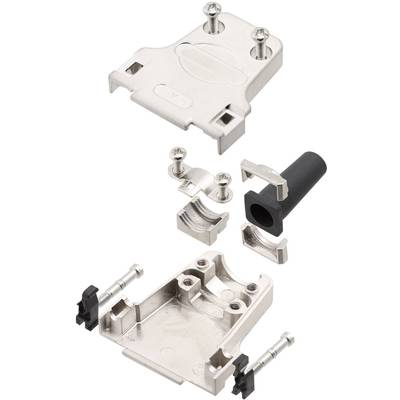 Boîtier de connecteur métallique en pièces détachées, composé d'une partie supérieure et inférieure, de vis, de supports et d'un passe-câble noir.