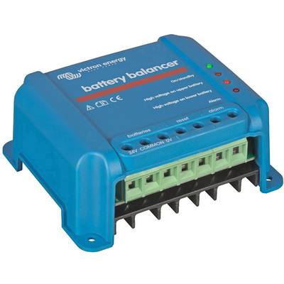 Un compensateur de batterie bleu de Victron Energy avec des indicateurs LED pour la tension et l'alarme. La face avant présente les connexions et les inscriptions.