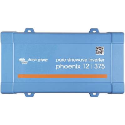 Convertisseur de tension bleu portant l'inscription 'Victron Energy pure sinewave inverter phoenix 12 | 375' et un code QR.