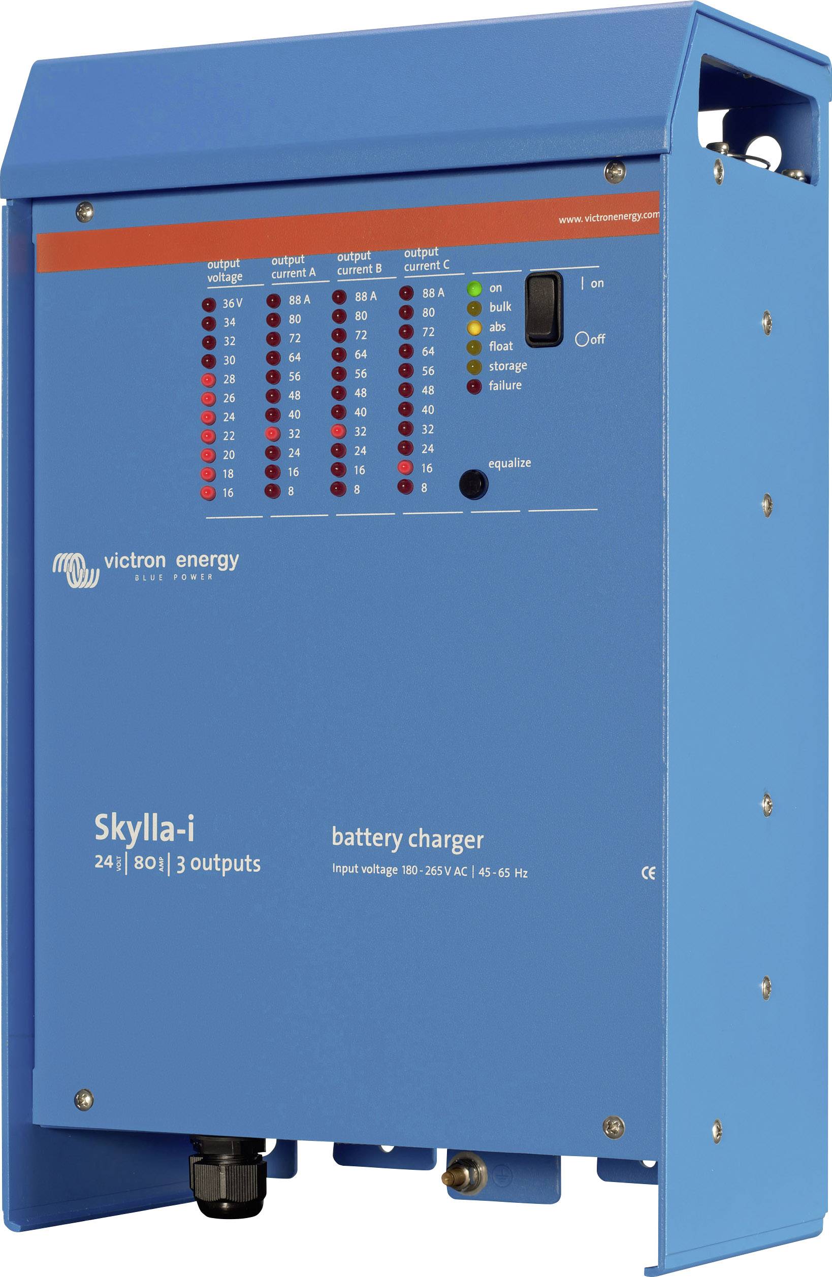 Un chargeur de batterie Victron Energy bleu, modèle Skylla-i, affiche plusieurs états de charge ainsi que les spécifications d'entrée et de sortie.
