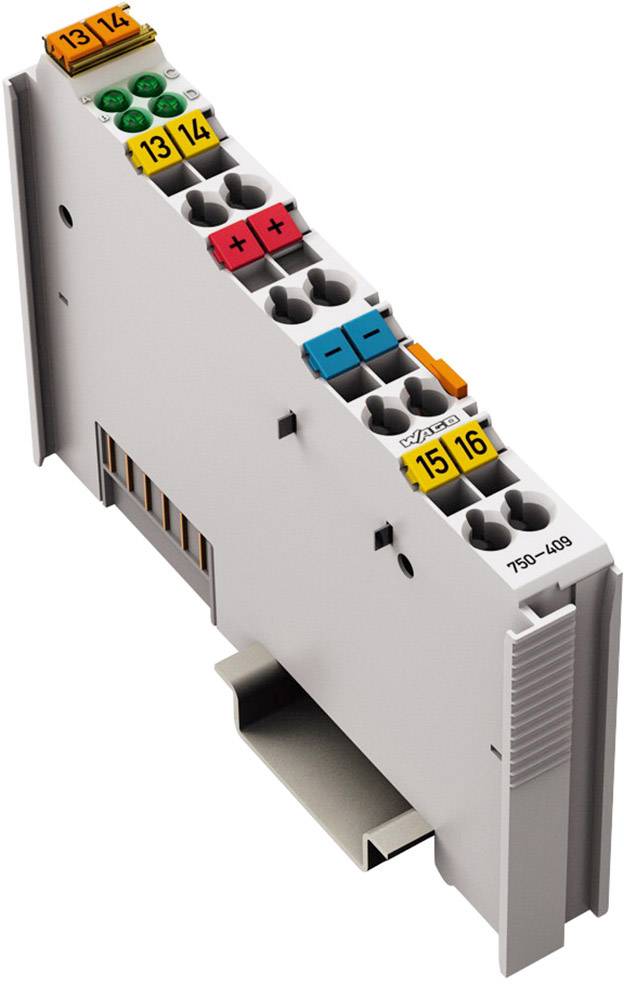 Borne d'entrée/sortie numérique avec différentes connexions colorées, étiquetées de 13 à 16, sur un boîtier gris.