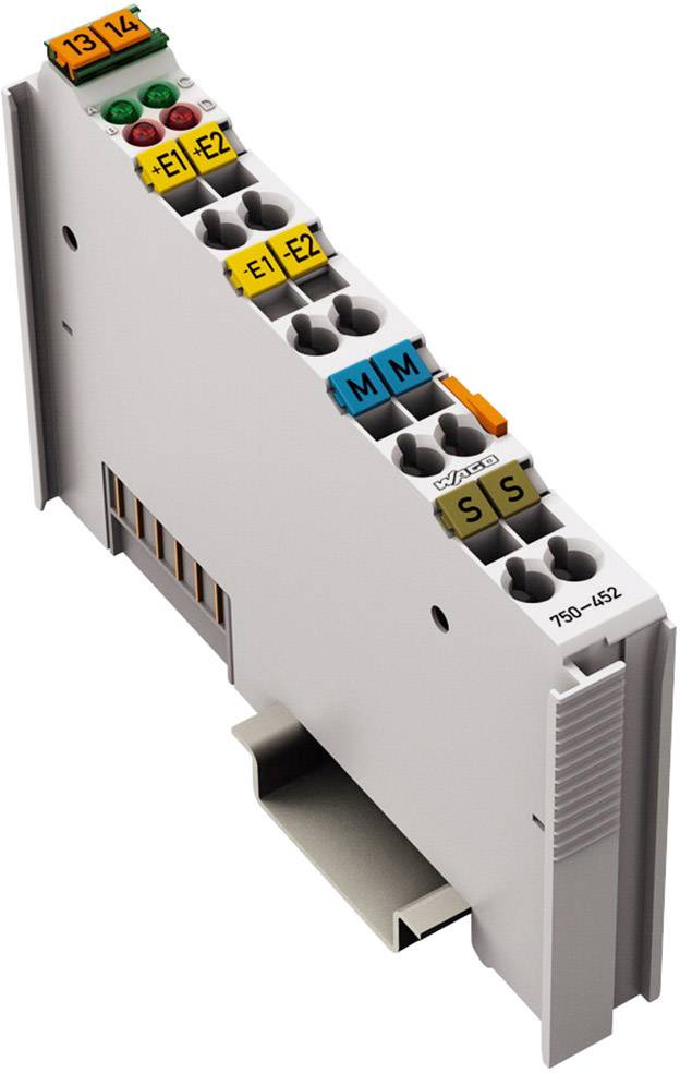 Module de bloc de bornes WAGO 750-452 avec plusieurs connexions codées par couleur sur un rail DIN pour la connexion et le contrôle électriques.