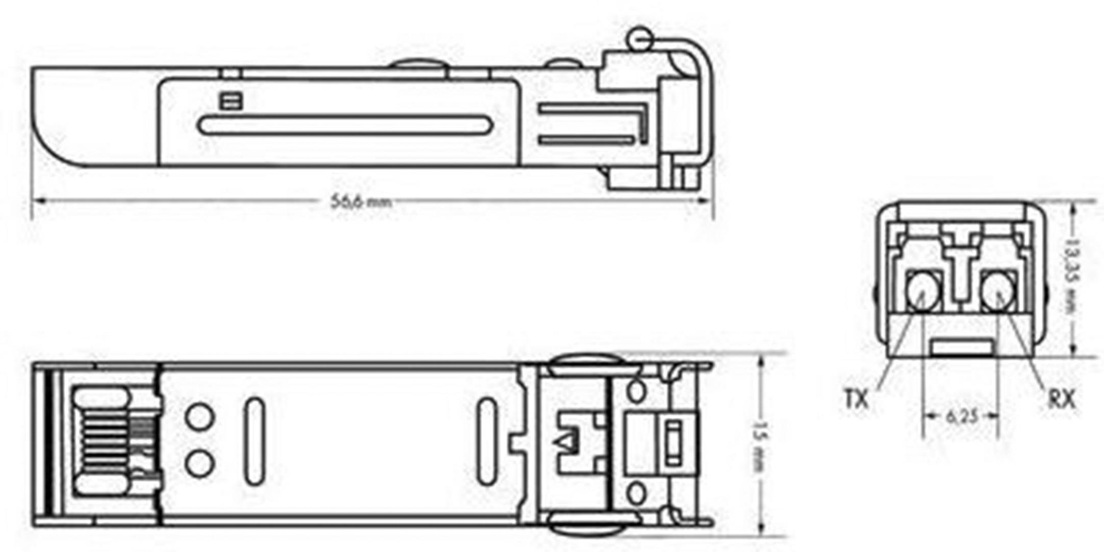 Dessin technique d'un module SFP avec dimensions : Longueur 56,6 mm, Largeur 13,35 mm. Vues : de côté, de dessus et de face. Marquages pour TX et RX.